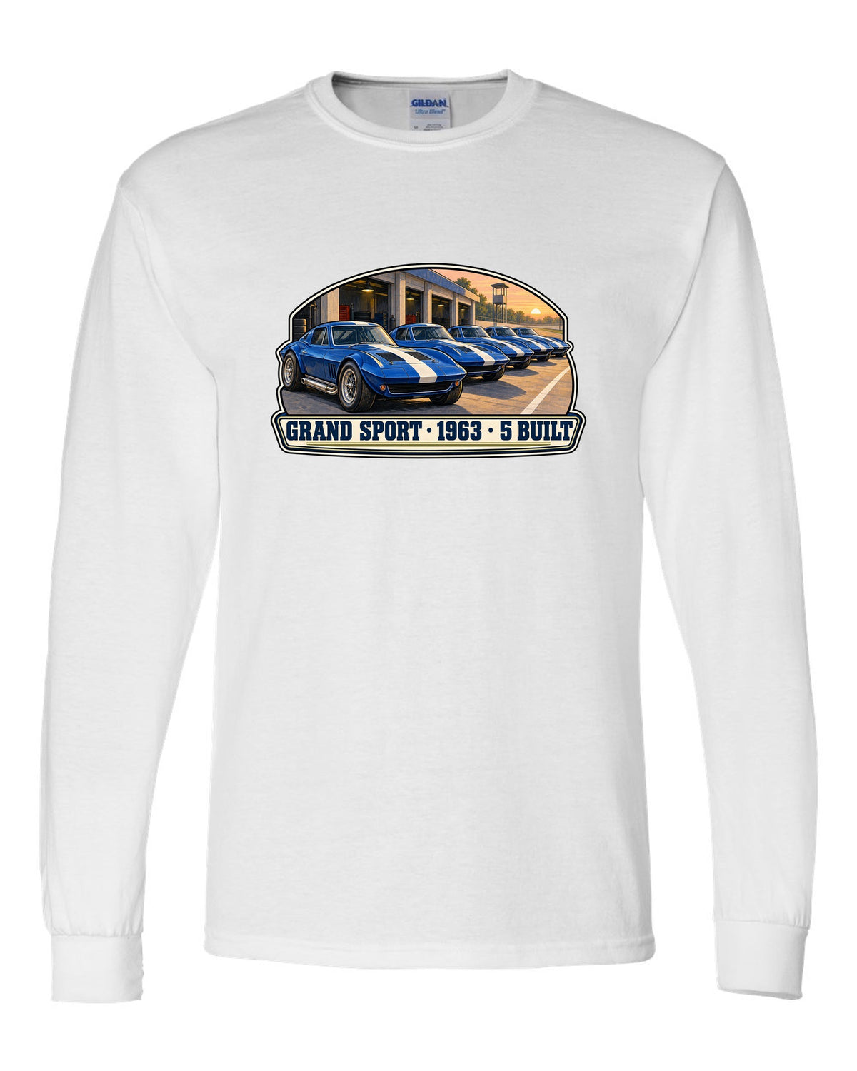 Isometric vector print of a 2014 Chevrolet Corvette C7 Stingray highlighting the fender gill vent white long sleeve front view with the design