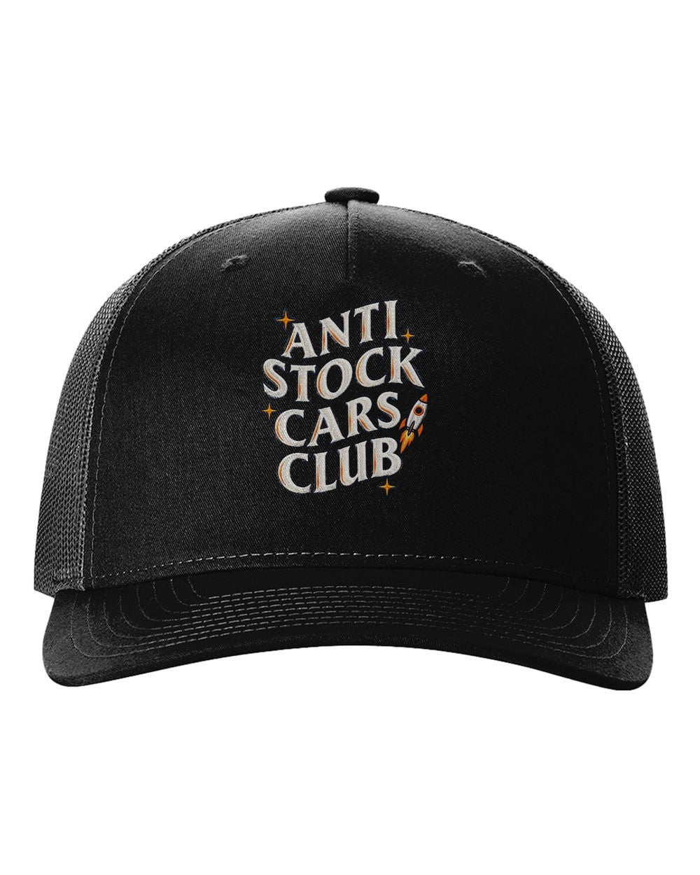 Anti Stock Cars Club Space Mission Patch Shirt, Hoodie & More black hat front view with car name