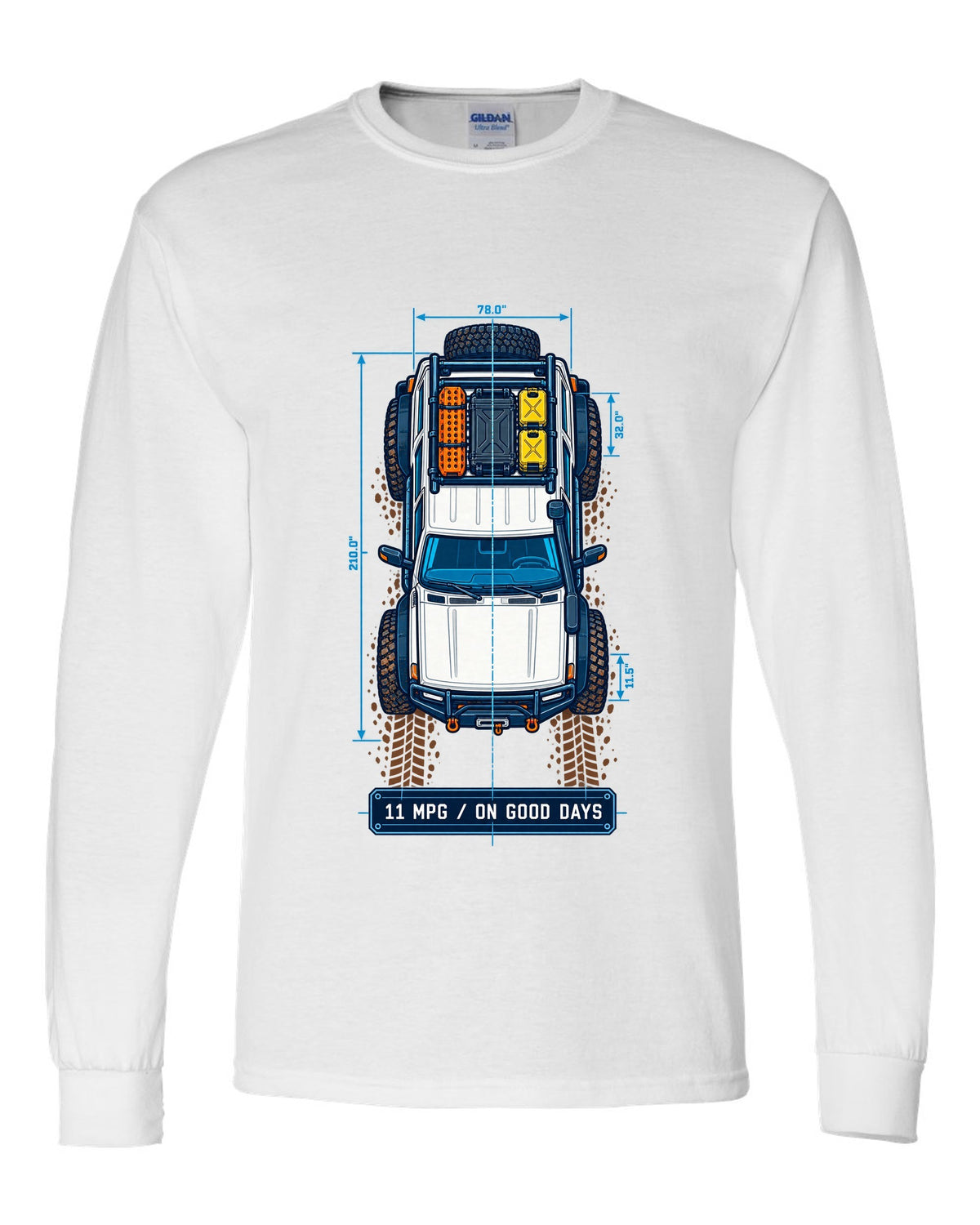 Top-down blueprint line art of a Toyota Land Cruiser FJ80 with roof rack and 11 MPG lettering white long sleeve front view with the design