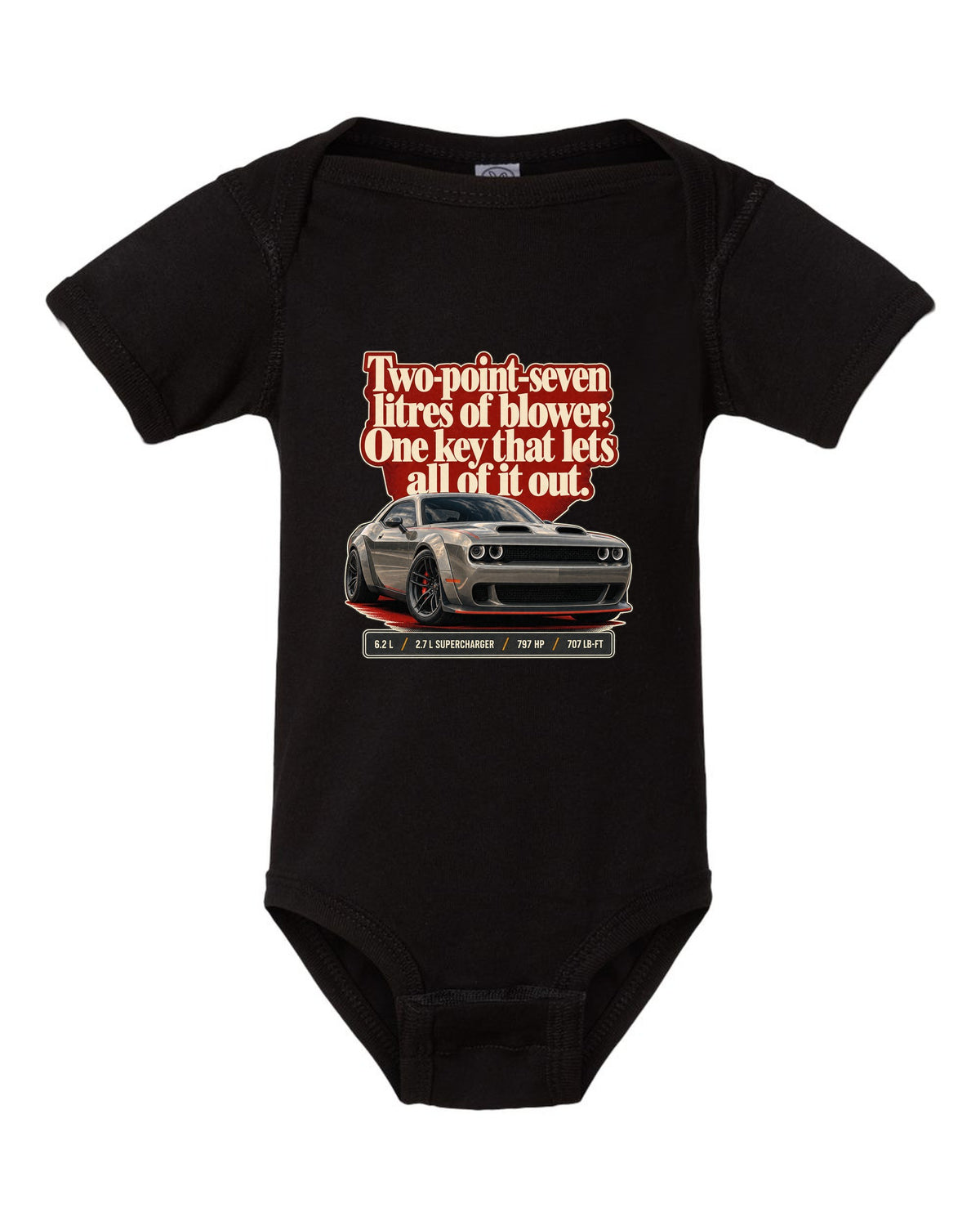 Dodge Challenger SRT Hellcat Redeye Widebody editorial headline print black baby onesie front view with the design