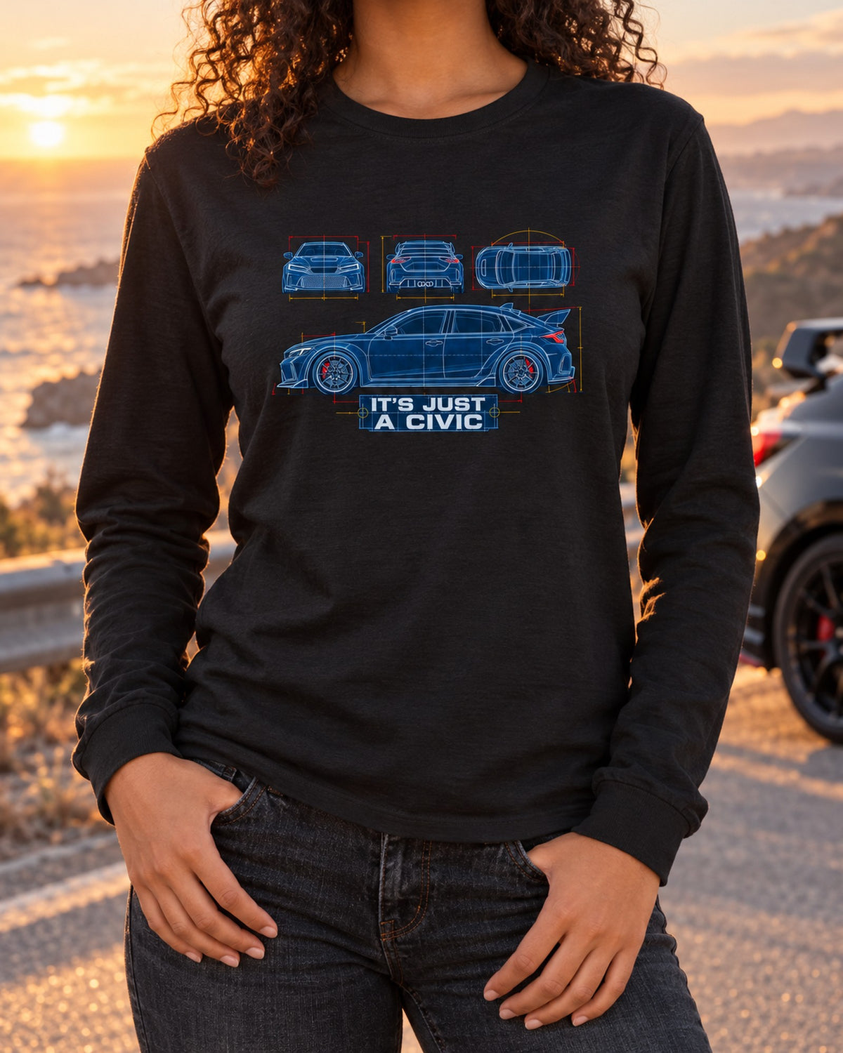 Honda Civic FL5 Cyanotype Blueprint Shirt, It's Just a Civic Long Sleeve Black worn hero