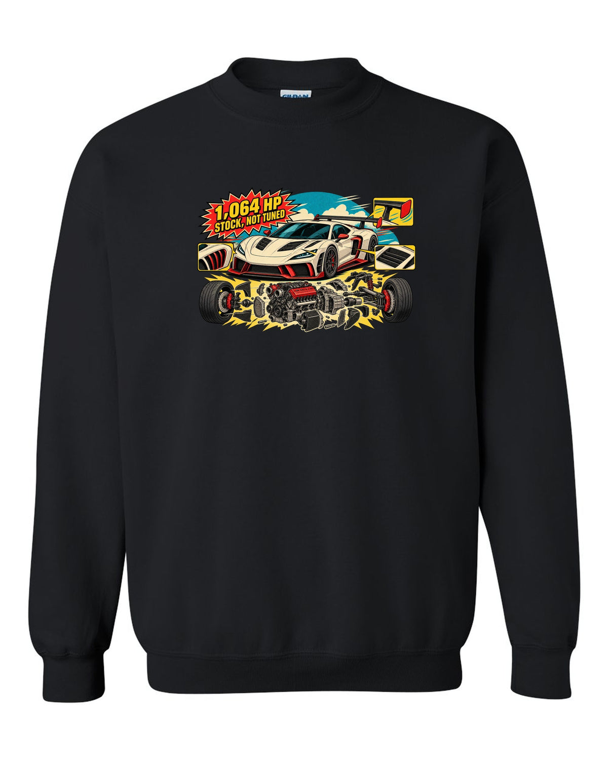 Exploded flat-plane V8 engine schematic with a 2023 C8 Corvette Z06 black crewneck front view with the design