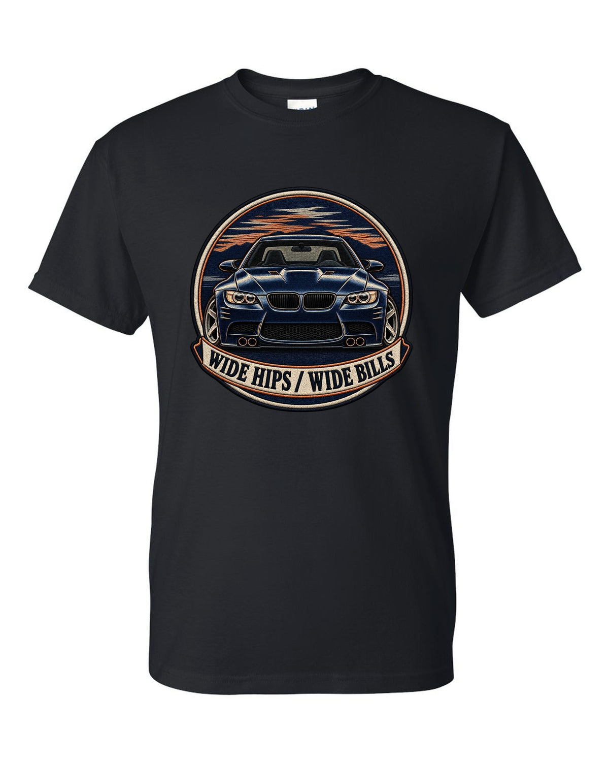 Varsity crest style print of a BMW E92 M3 coupe with wide hips wide bills text black t-shirt front view with the design