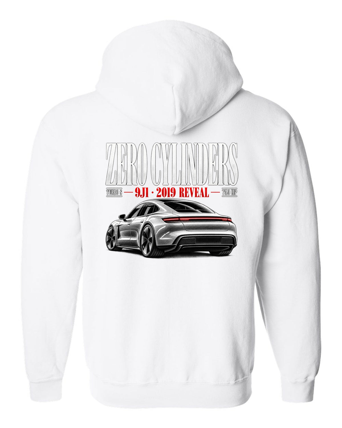 Porsche Taycan Turbo S 9J1 editorial headline with zero cylinders, 2019 reveal, 750 HP white zip hoodie back view with the design