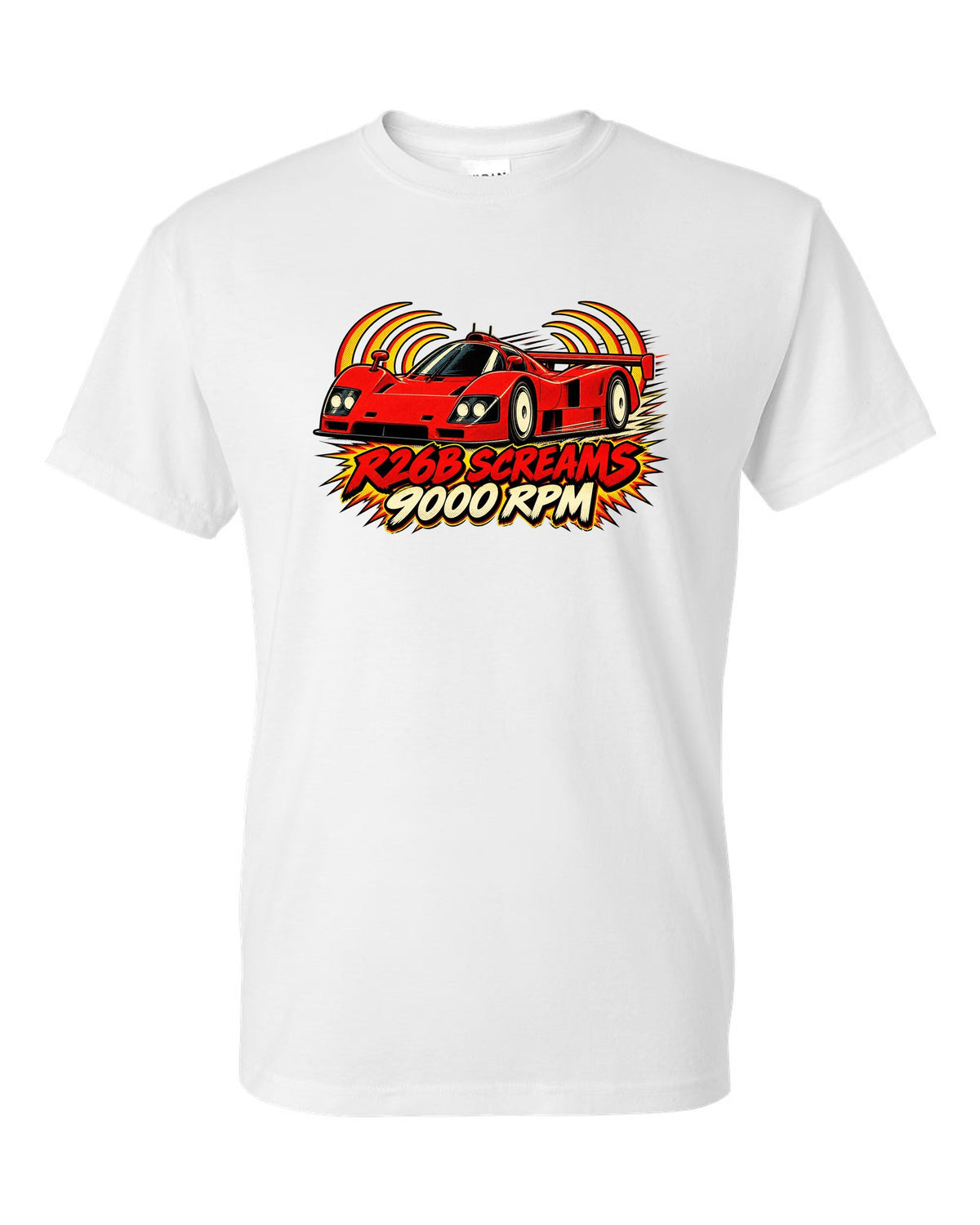 Embroidery-style varsity crest for the Mazda 787B with 787B / 2.6 L / 4 ROTOR lettering white t-shirt front view with the design