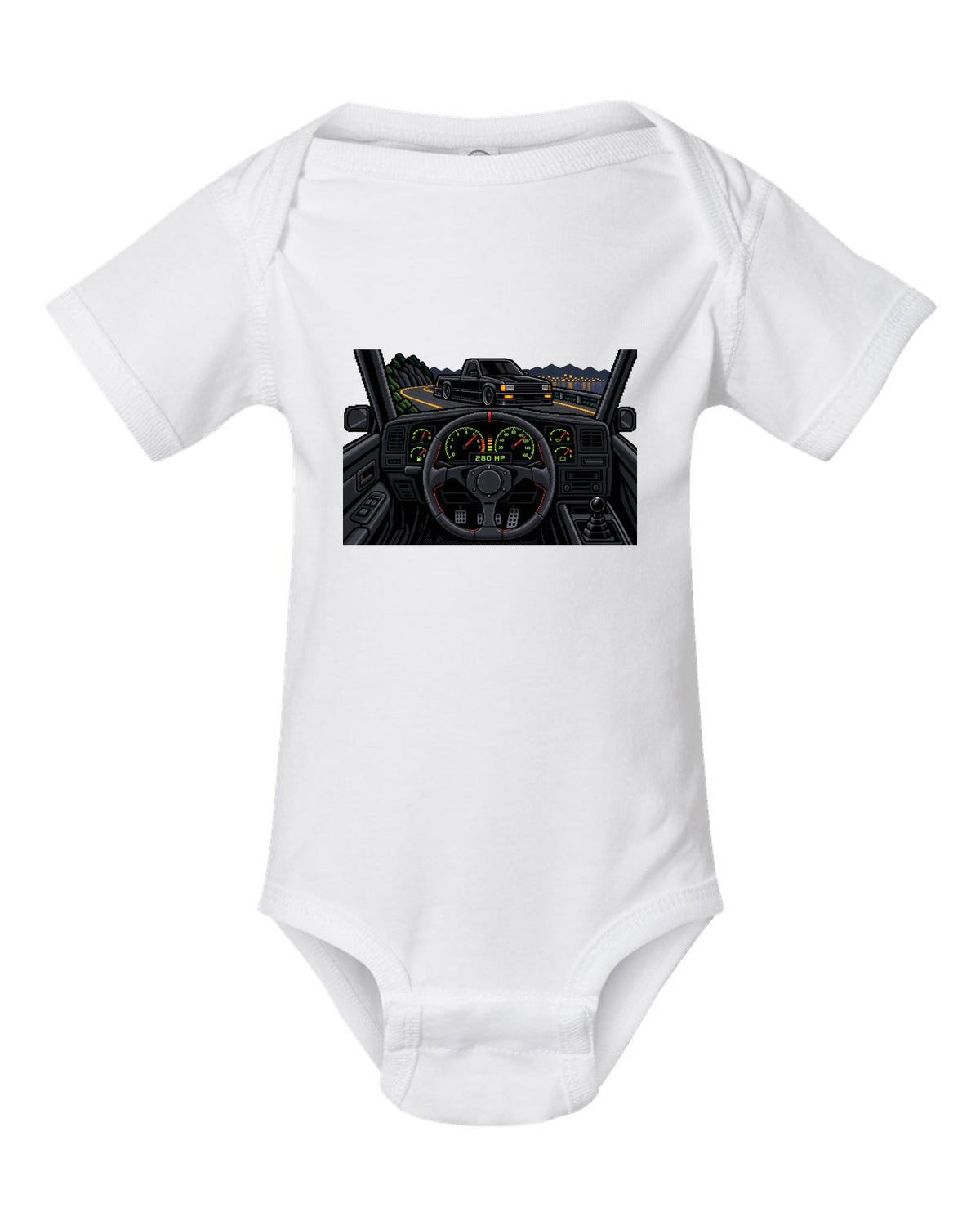 8/16-bit pixel art gauge print of a 1991 GMC Syclone with 280 HP text white baby onesie front view with the design