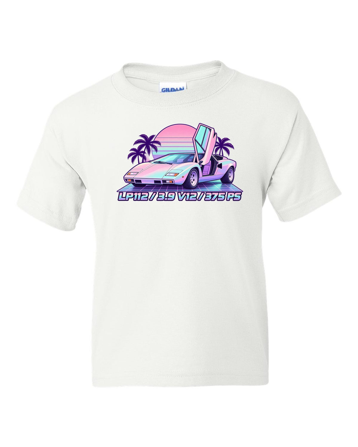 Pastel vaporwave Lamborghini Countach LP400 with LP112, 3.9 V12 and 375 PS lettering white kids tee front view with the design