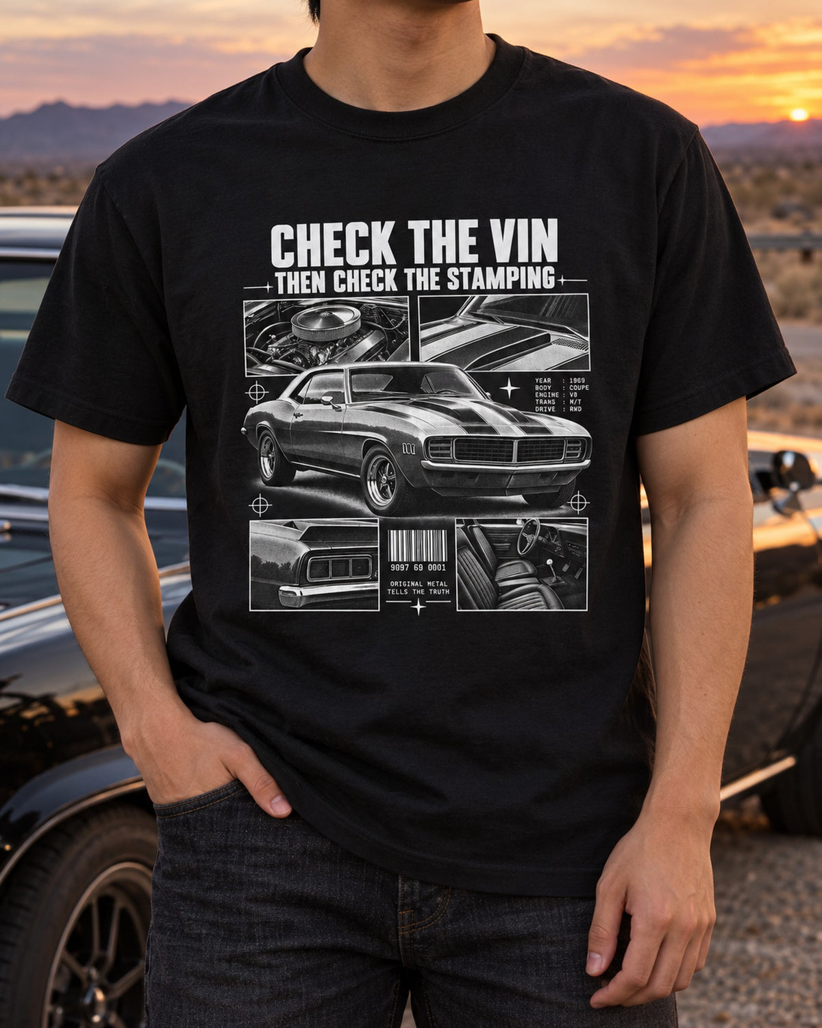Check the VIN 1969 Camaro First-Gen Dossier Tee, Buyer Guide T-Shirt Black worn hero