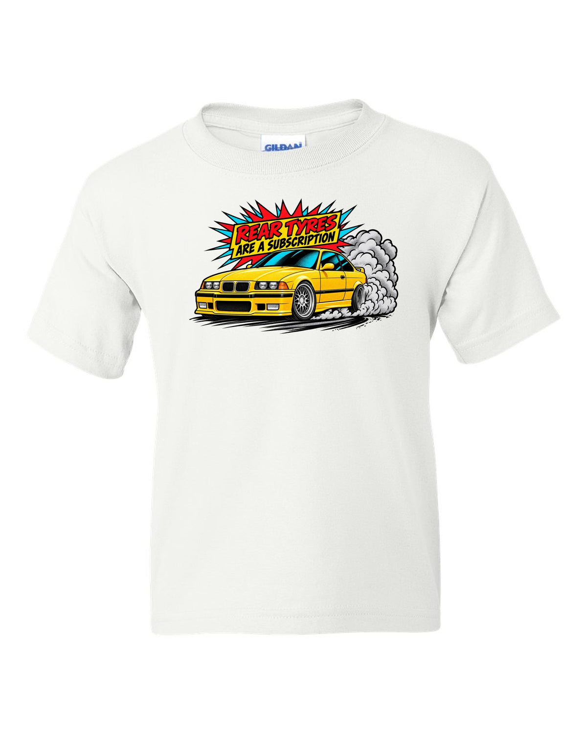 Risograph illustration of the stripped cockpit of a BMW E36 M3 Lightweight 1995 white kids tee front view with the design