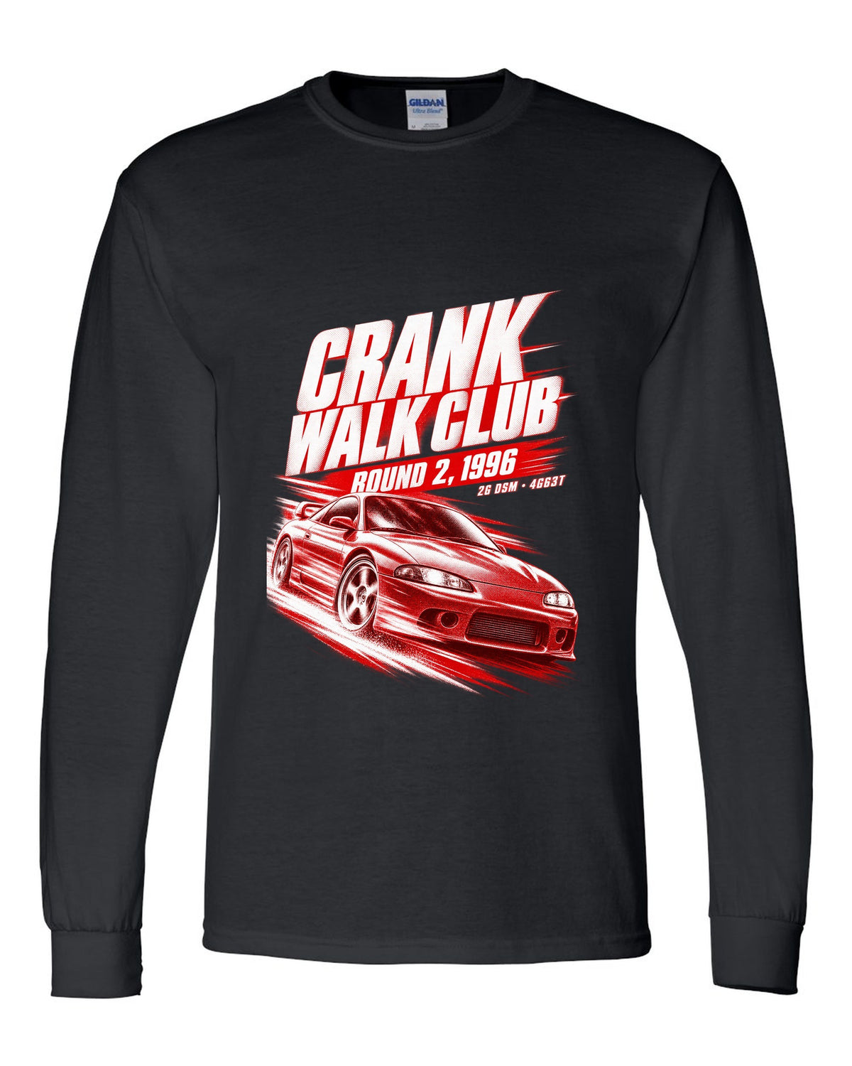 Mitsubishi Eclipse GSX 2G DSM race poster print with 4G63T and Crank Walk Club text black long sleeve front view with the design