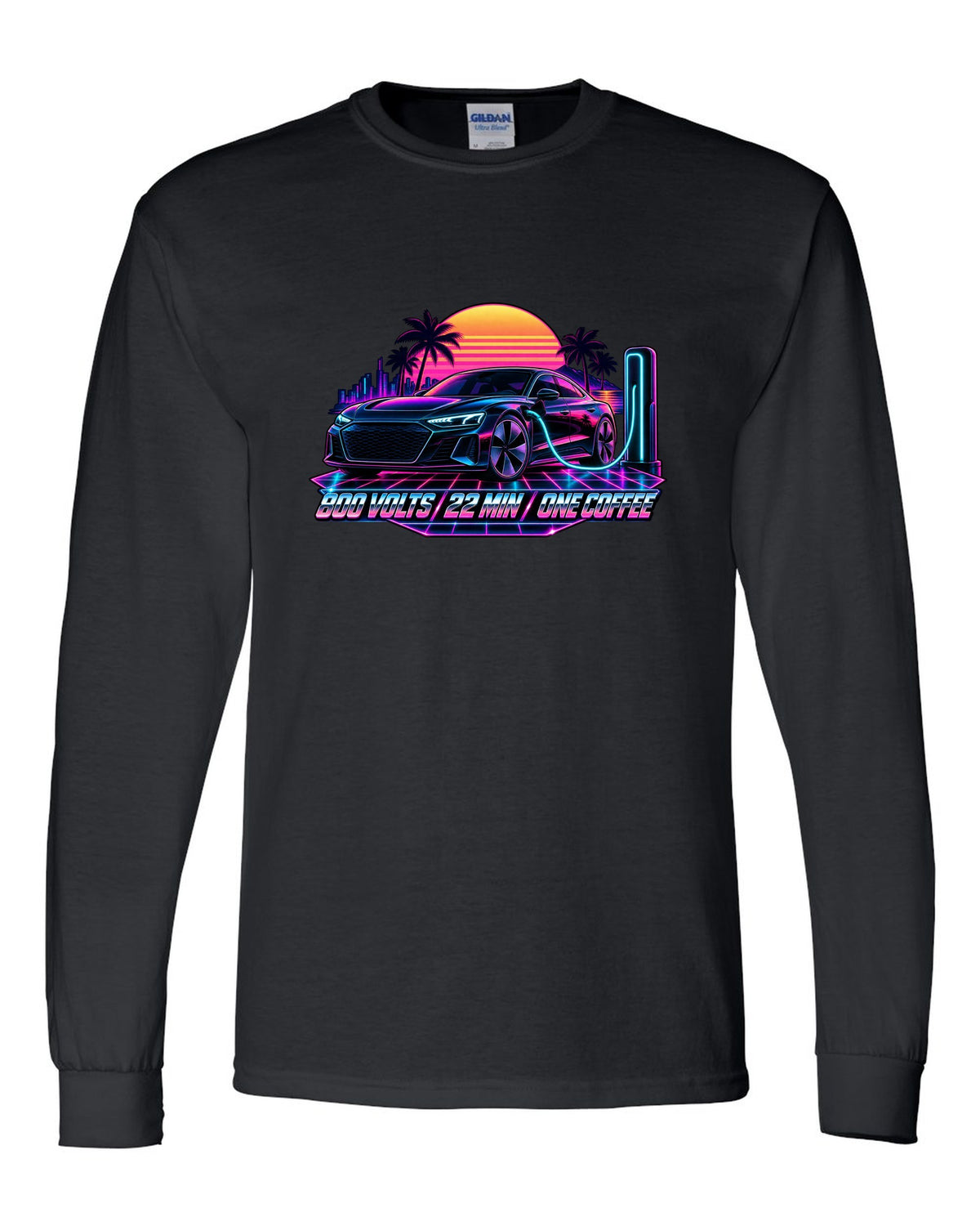 Synthwave print of an Audi e-tron GT at dusk with charging time text black long sleeve front view with the design