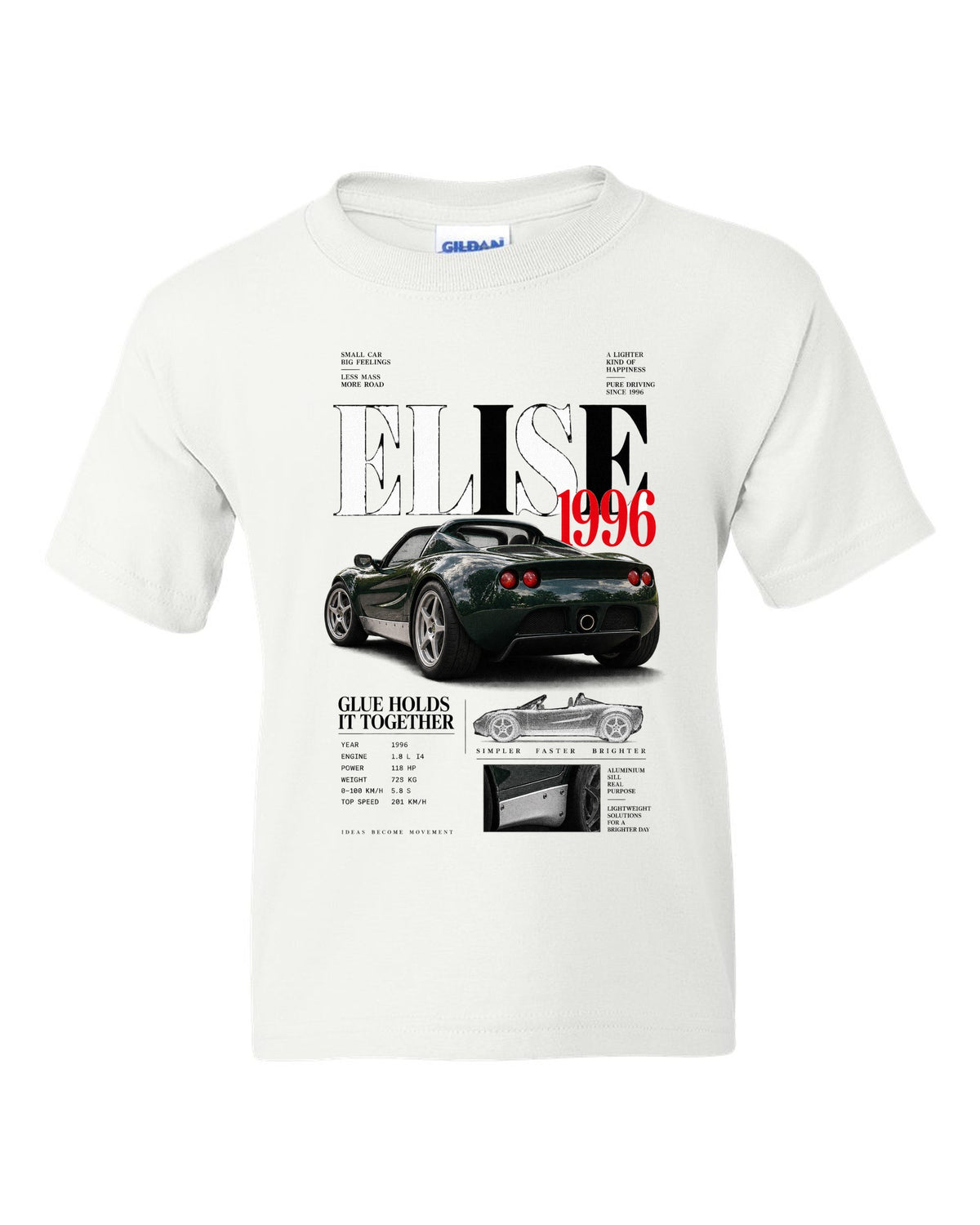 Editorial headline print for a 1996 Lotus Elise S1 with glue holds it together text white kids tee front view with the design