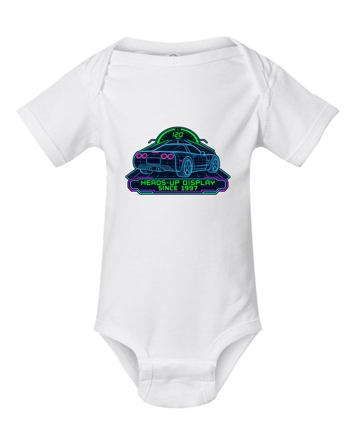 Hand-drawn doodle print of a 2020 Chevrolet Corvette C8 Stingray with heads-up display since 1997 lettering white baby onesie front view with the design