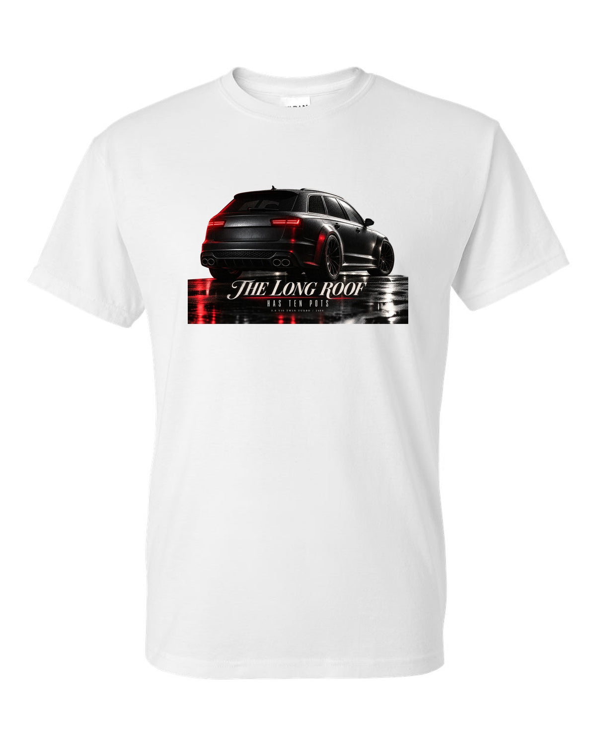 Audi RS6 Avant C6 4F V10 rear three-quarter in a garage with long roof text white t-shirt front view with the design