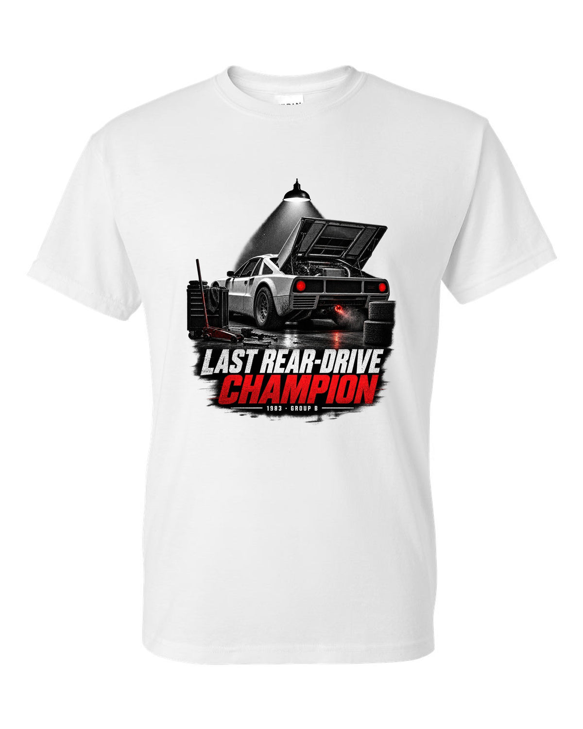 Garage night print of a Lancia Rally 037 with Last Rear-Drive Champion text white t-shirt front view with the design