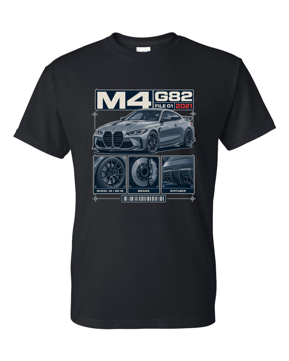 BMW M3 G80 dossier panels print with wheel, brake and diffuser details black t-shirt front view with the design