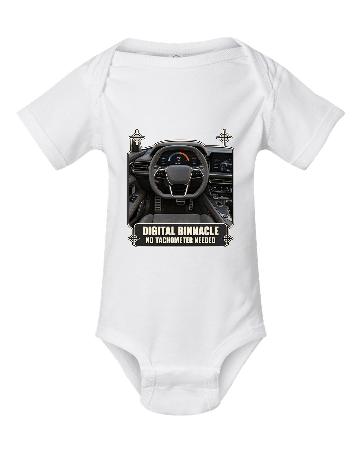 Audi RS e-tron GT interior driver view digital binnacle cockpit gauge design white baby onesie front view with the design