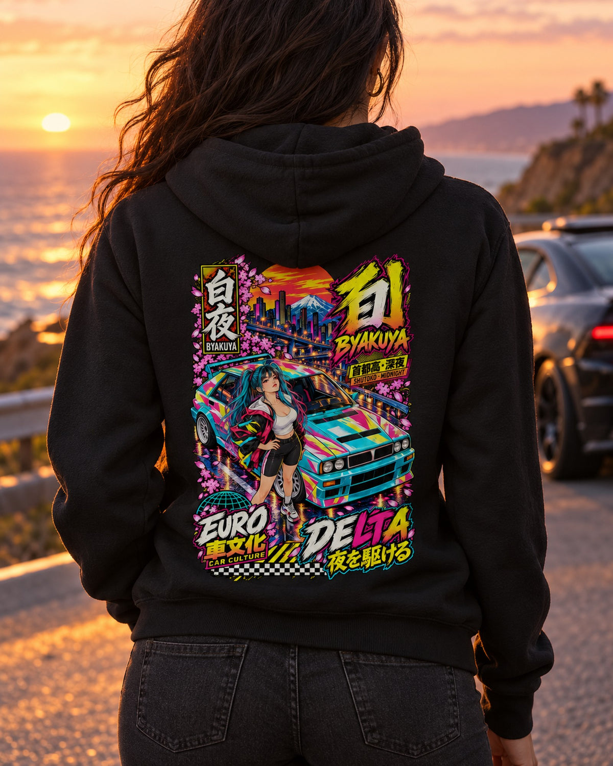 BYAKUYA DELTA Anime Girl Full-Back Graphic Tee Zip Hoodie Black worn hero