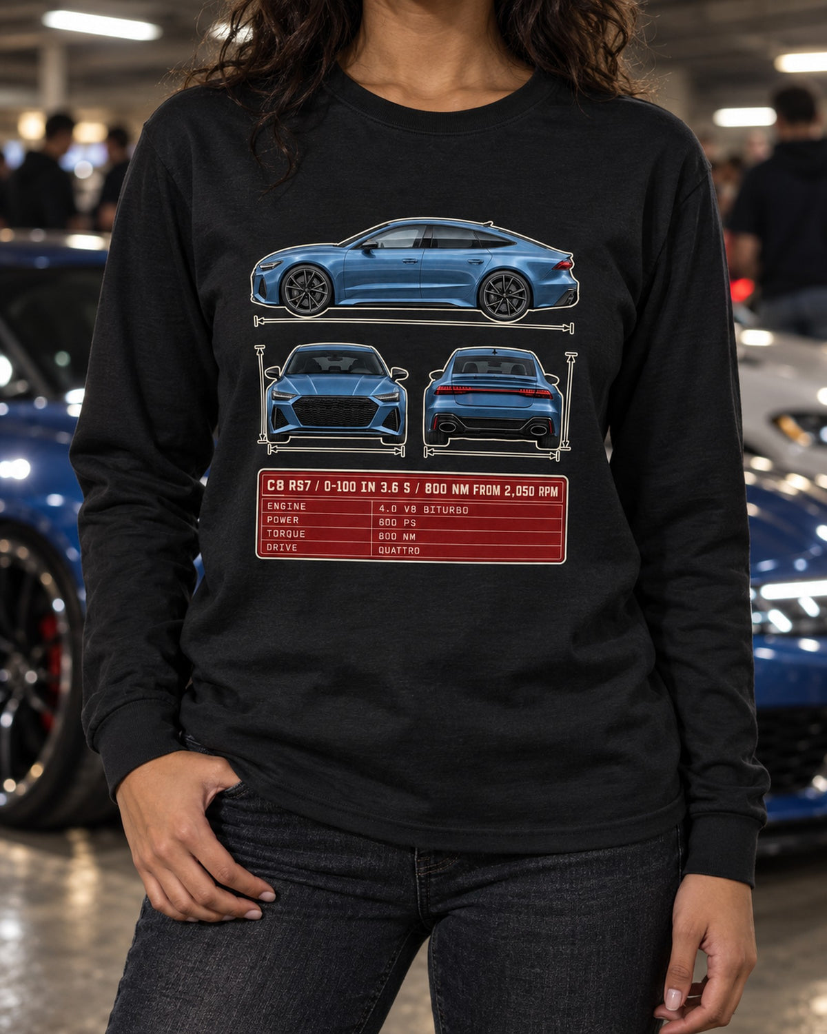 Audi RS7 C8 Three-View Spec Sheet Shirt, 0-100 in 3.6 s Long Sleeve Black worn hero