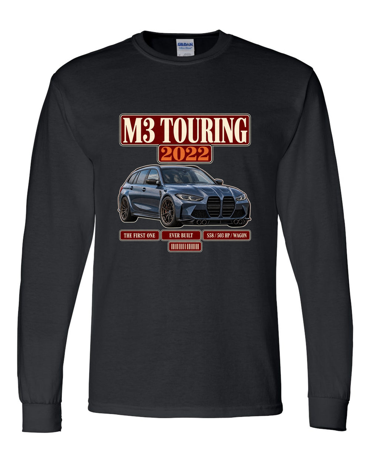 BMW M3 Touring G81 archive panel print with first ever built text black long sleeve front view with the design