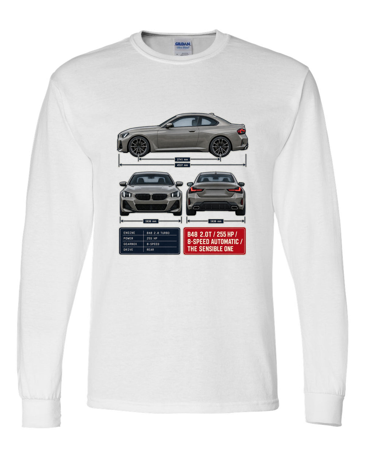 BMW 230i G42 coupe three-view drawing with spec table print white long sleeve front view with the design