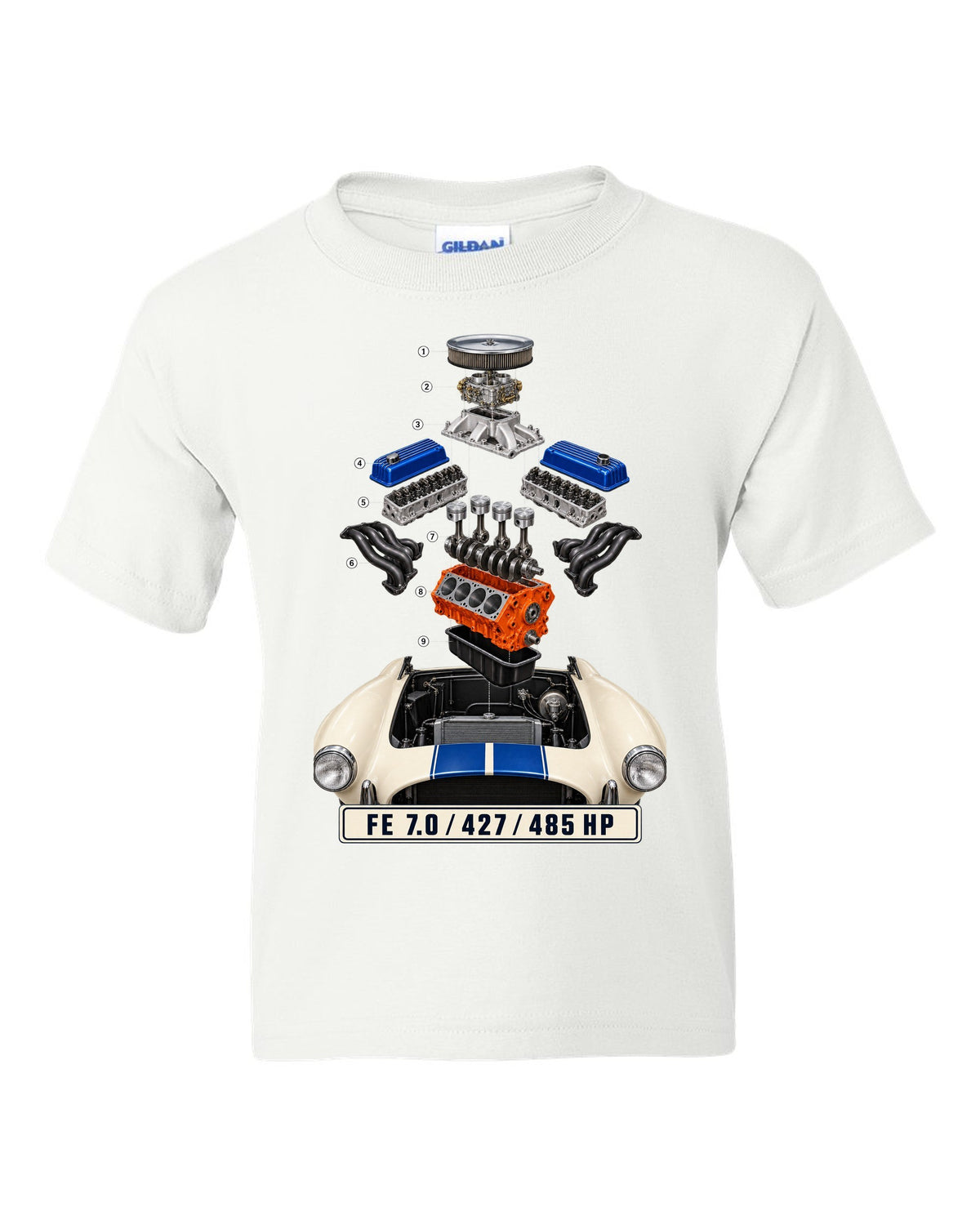 Isometric exploded view print of a Shelby Cobra 427 engine bay with FE 7.0 lettering white kids tee front view with the design