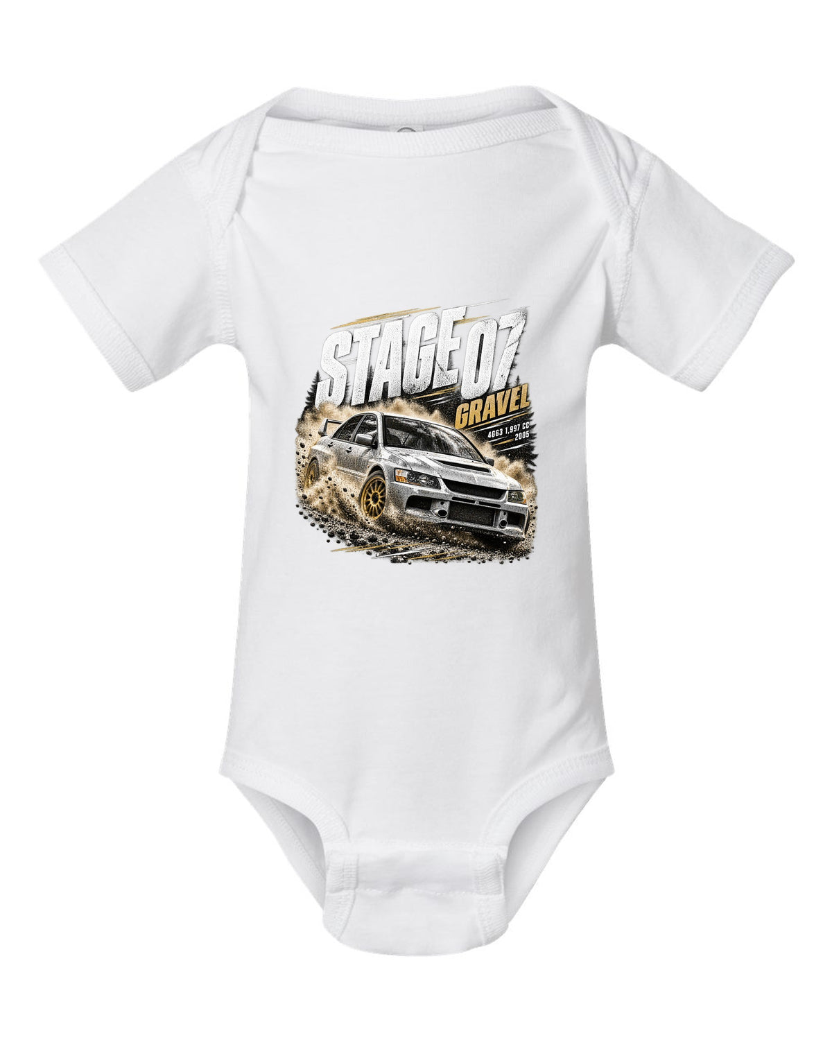Rally poster print of a Mitsubishi Lancer Evolution IX CT9A on gravel white baby onesie front view with the design