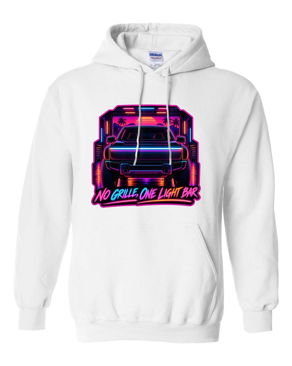Ford F-150 Lightning neon synthwave glow print with no grille and one light bar text white pull over hoodie front view with the design