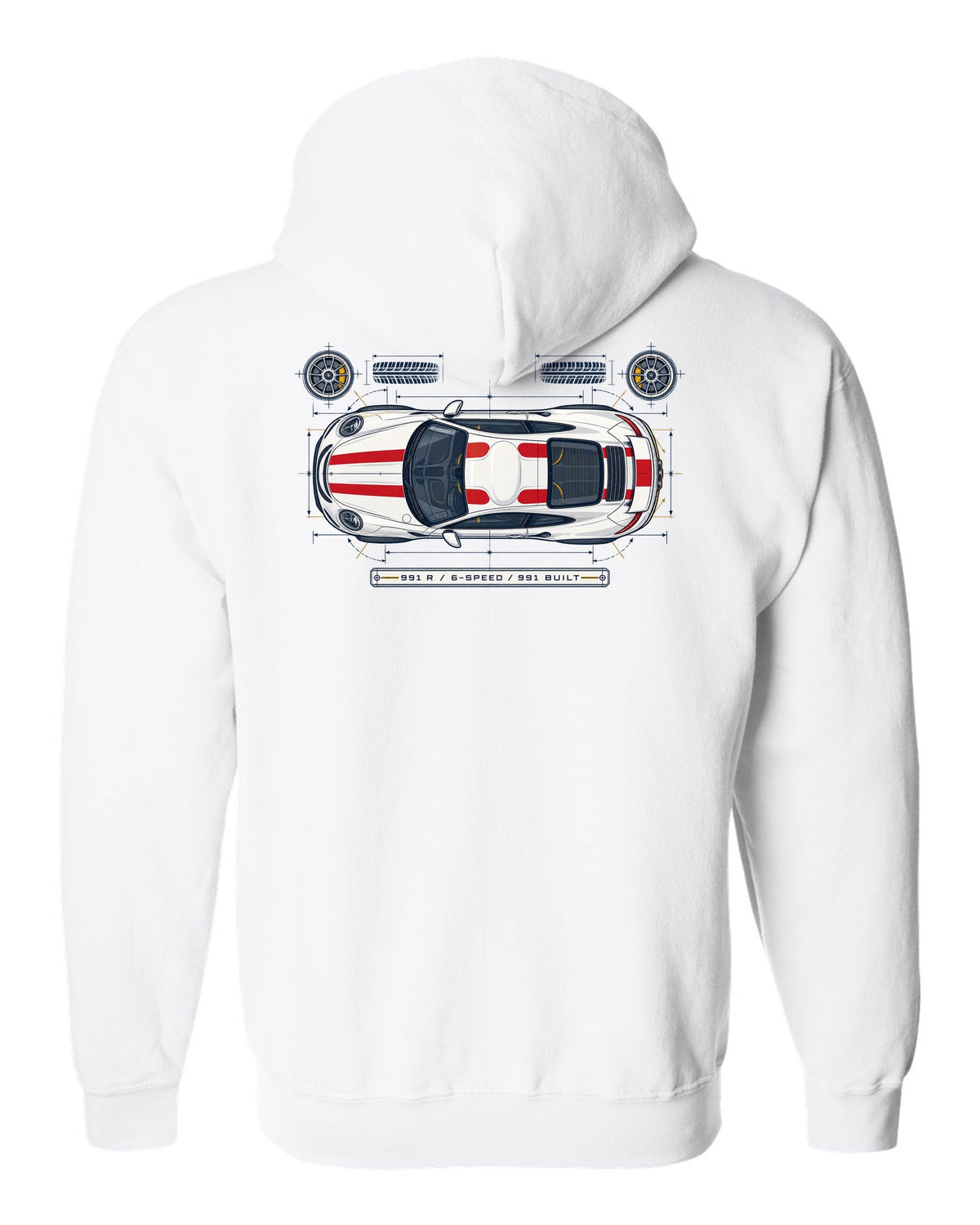 Porsche 993 Carrera five-dial gauge cluster HUD design with no screens text white zip hoodie back view with the design