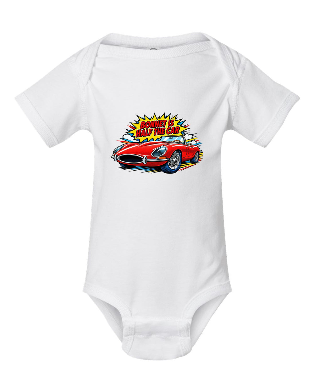 Comic halftone pop art print of a 1961 Jaguar E-Type Series 1 with bonnet is half the car lettering white baby onesie front view with the design