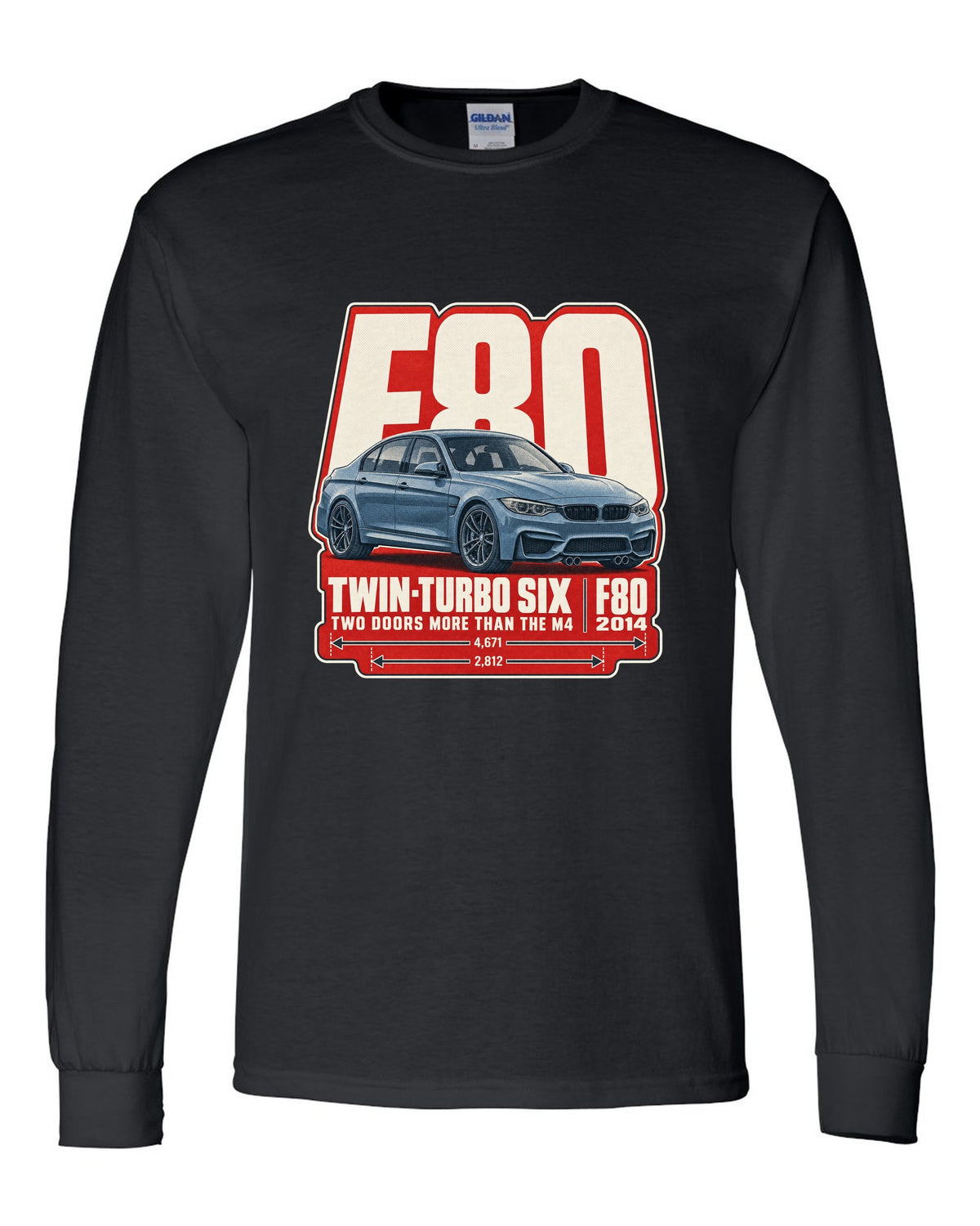 BMW M3 F80 halftone dot statement print black long sleeve front view with the design