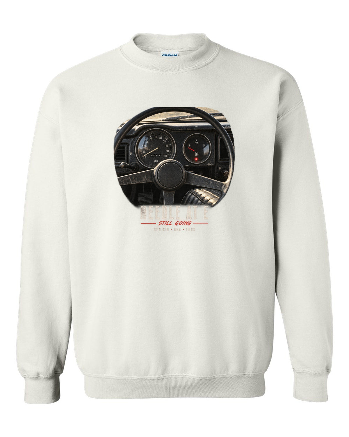 Gauge cockpit print for the Jeep CJ-7, Needle At E Still Going white crewneck front view with the design