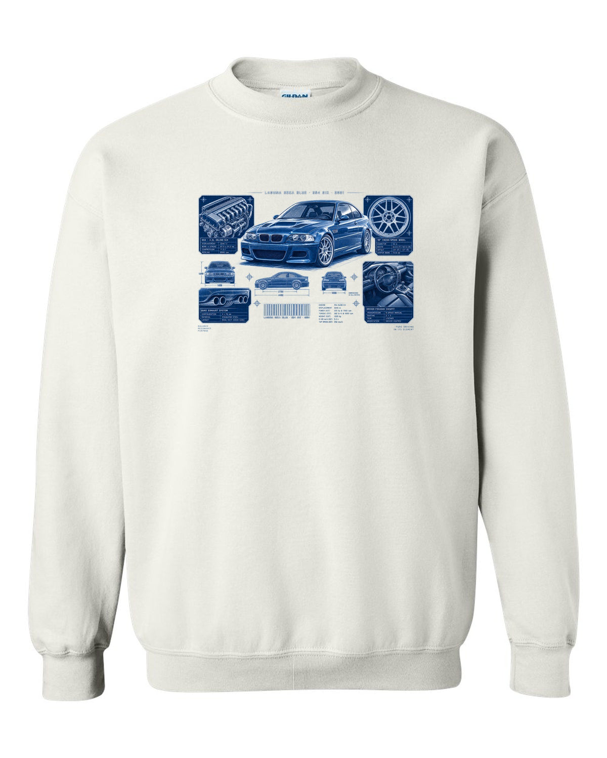 BMW E46 M3 coupe dossier panel print with Laguna Seca Blue S54 six and 2001 text white crewneck front view with the design