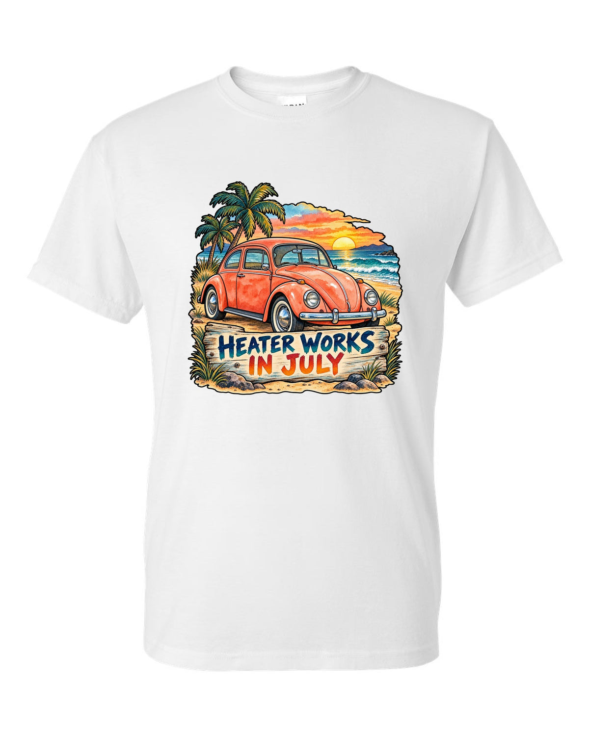 Watercolour sunset beach scene with a 1960s VW Beetle Type 1 and heater works in July text white t-shirt front view with the design