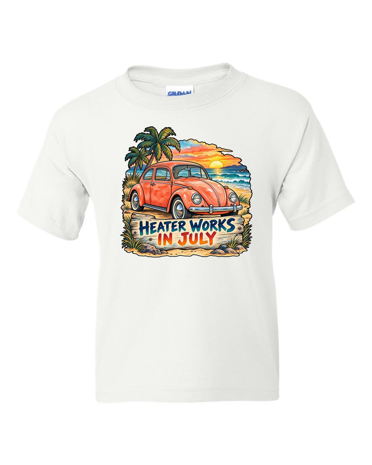 Watercolour sunset beach scene with a 1960s VW Beetle Type 1 and heater works in July text white kids tee front view with the design