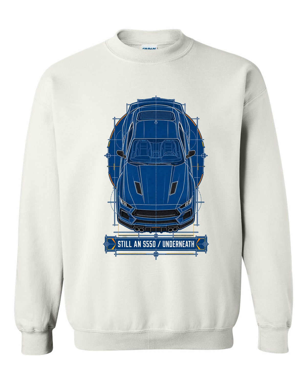 Cyanotype negative blueprint top view print of a 2024 S650 Mustang with Still An S550 Underneath white crewneck front view with the design