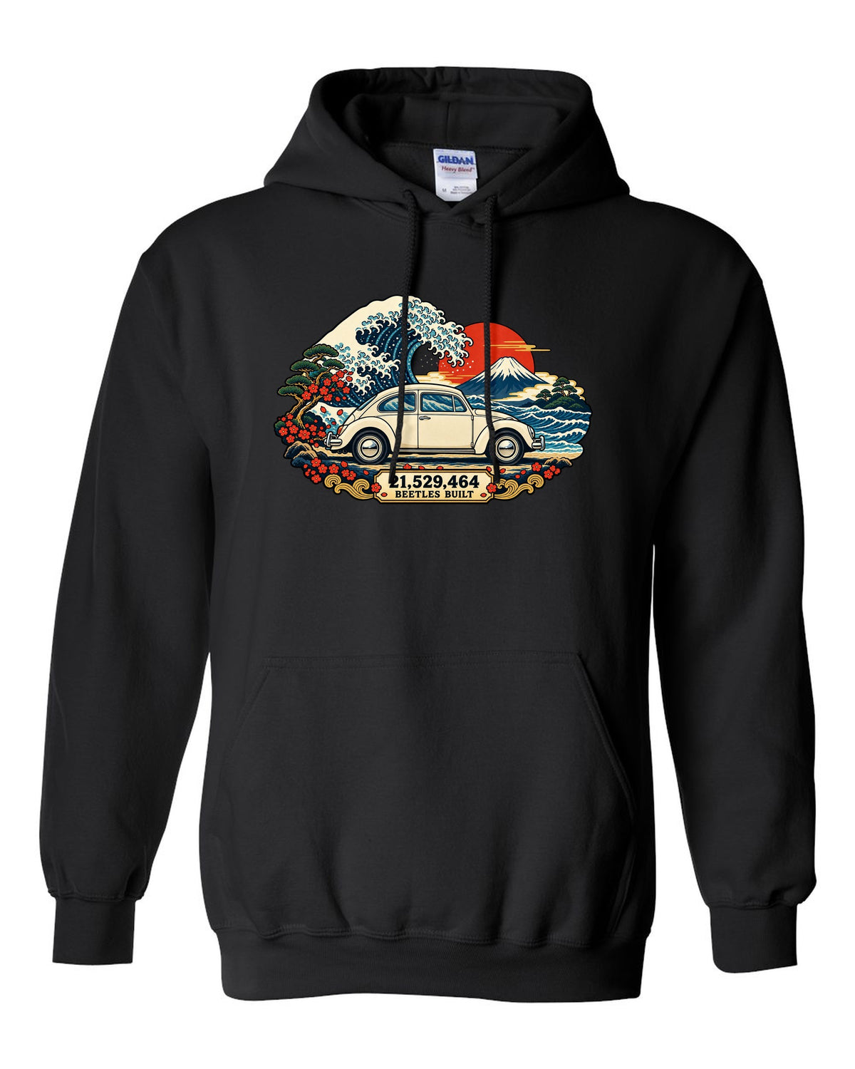 Ukiyo-e woodblock wave print of a VW Beetle Type 1 with 21,529,464 Beetles built text black pull over hoodie front view with the design