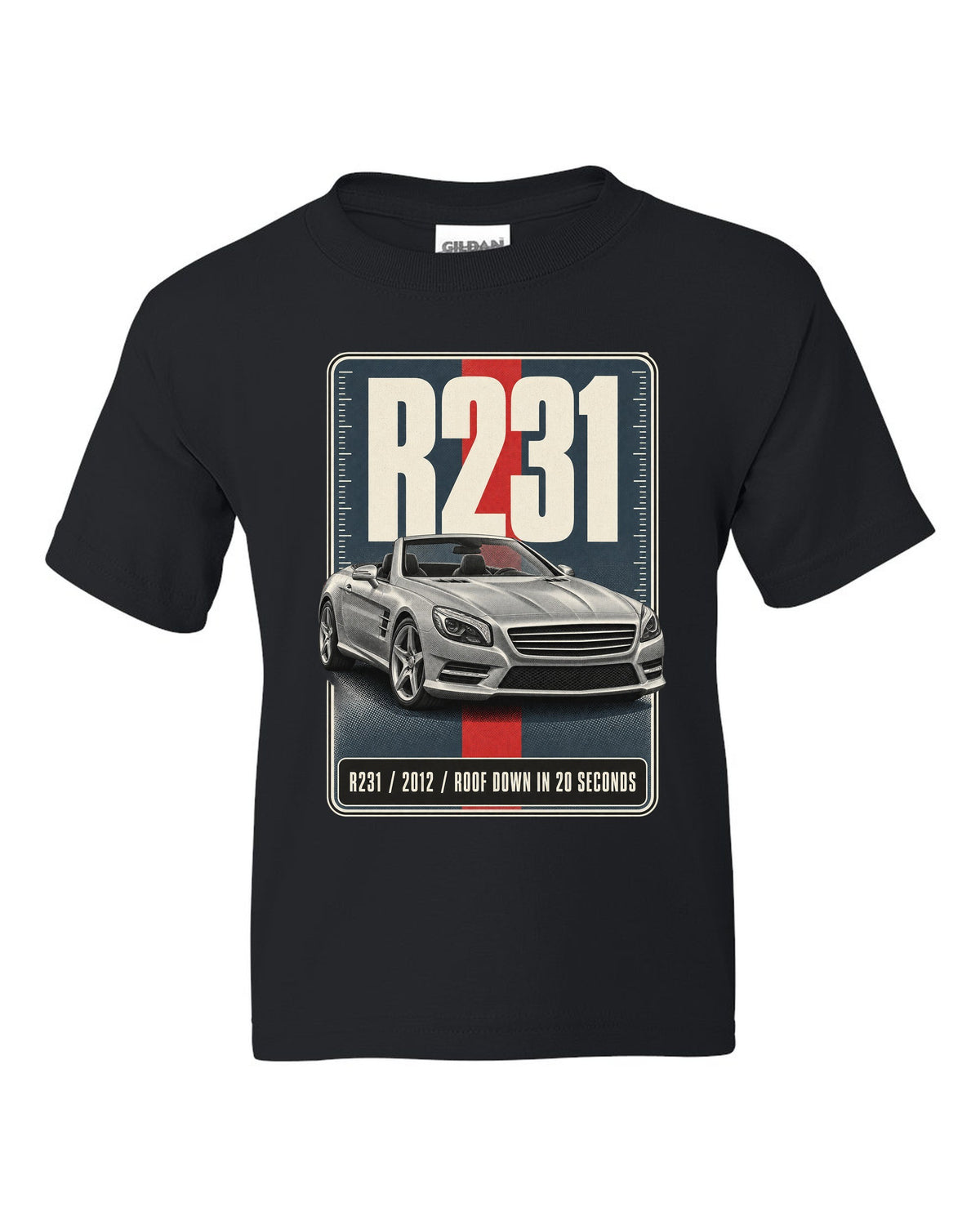 Mercedes-Benz SL R231 low front three-quarter halftone print in warm grey black kids tee front view with the design