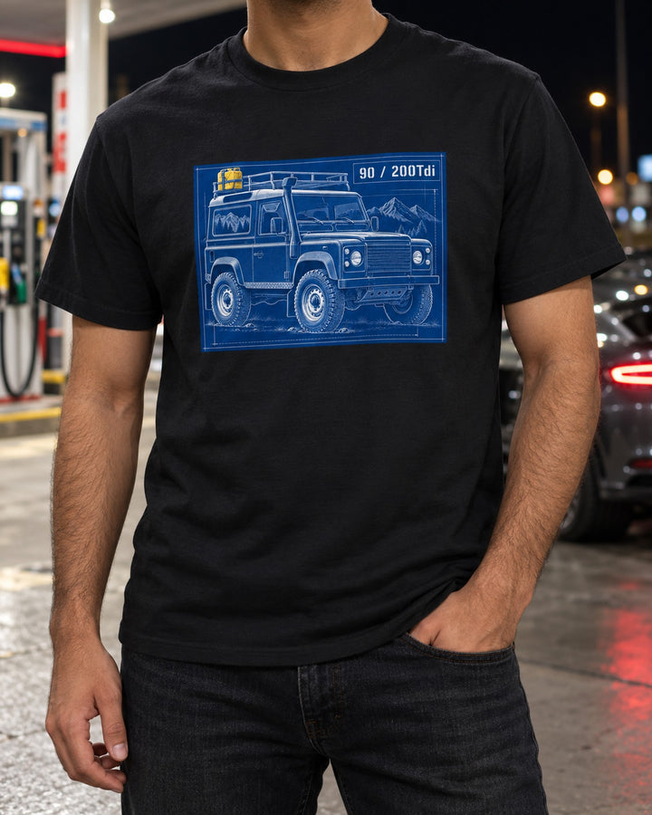 Land Rover Defender 90 200Tdi Cyanotype Blueprint Shirt T-Shirt Black worn hero