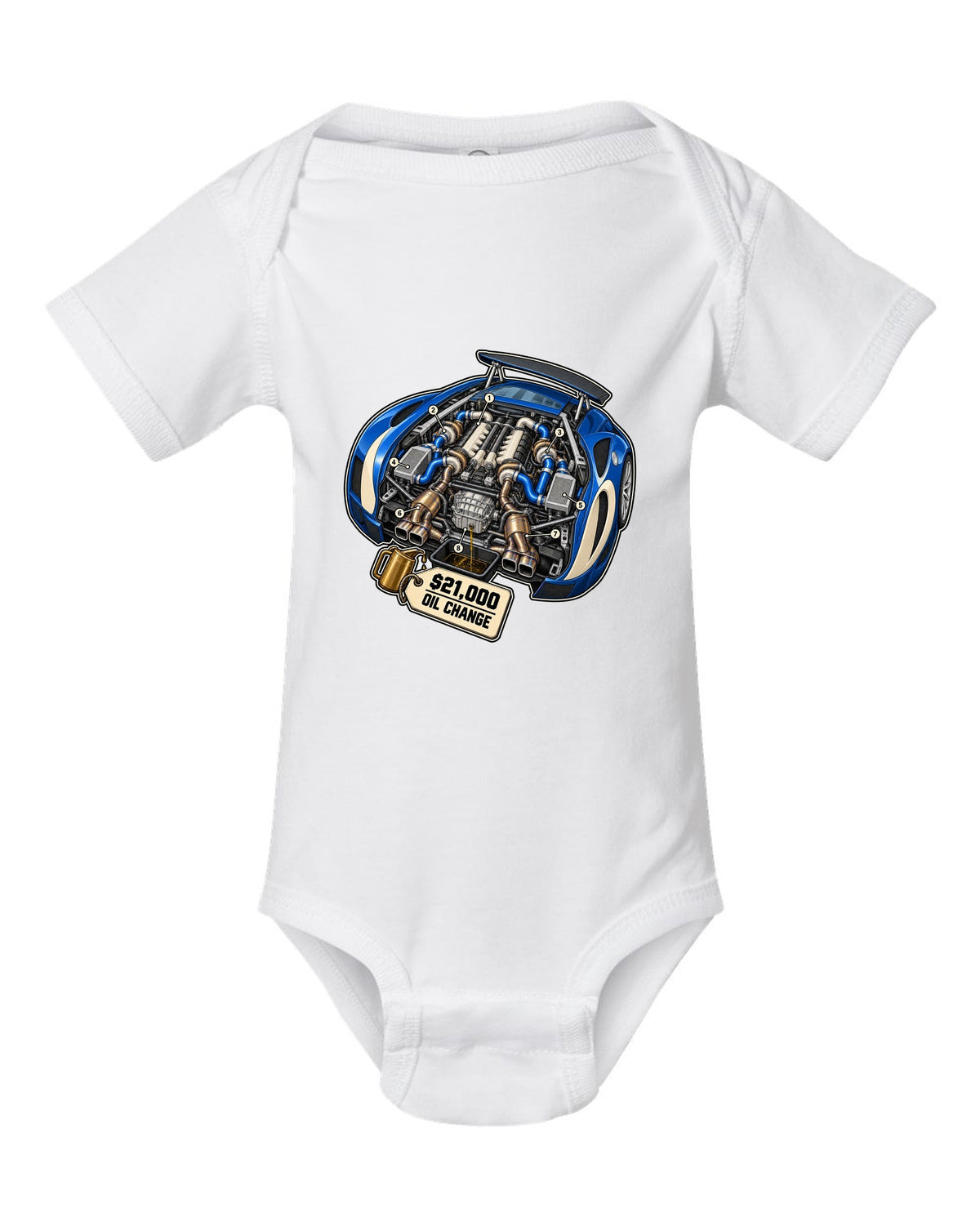 Exploded cutaway diagram print of the Bugatti Veyron 16.4 W16 engine with oil change lettering white baby onesie front view with the design