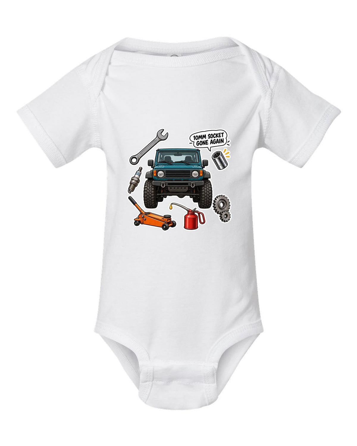 Jeep Wrangler TJ sticker bomb collage design with 10mm socket gone again text white baby onesie front view with the design