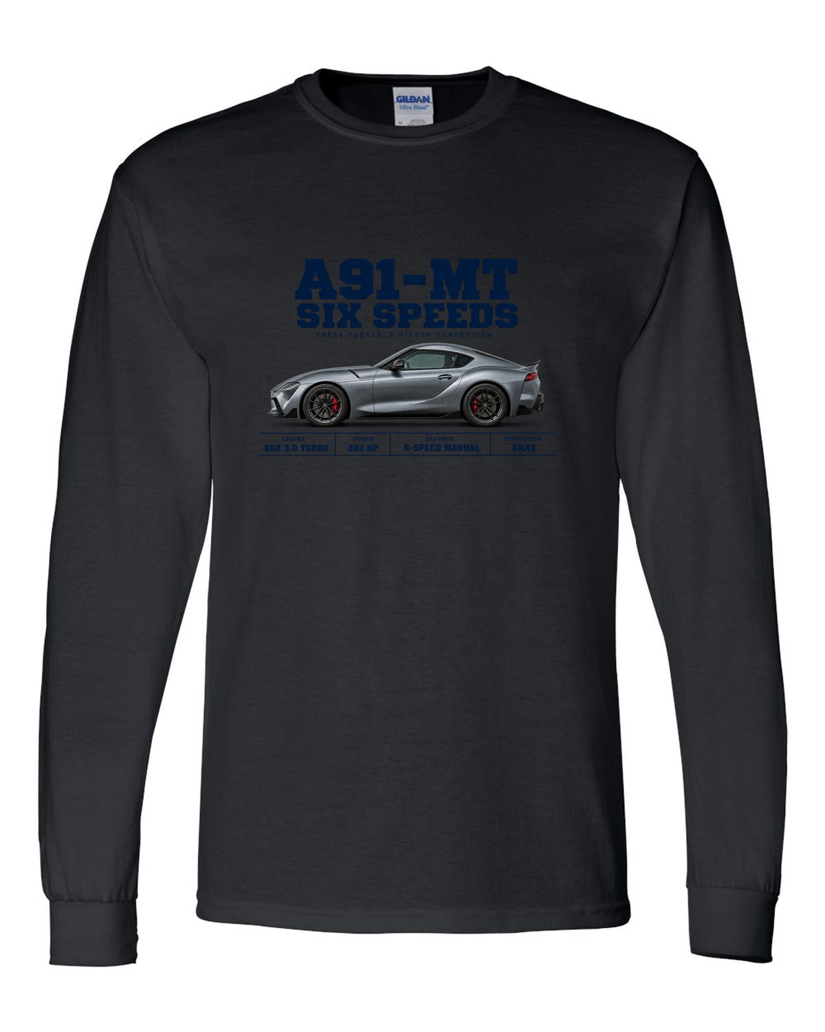 Signal red Toyota GR Supra A91-MT shown in three views with spec table black long sleeve front view with the design