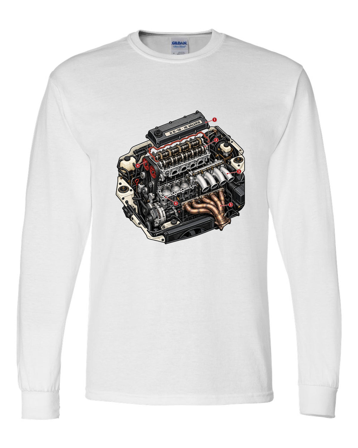 Exploded cutaway engine illustration for a Mercedes 190E 2.5-16 Evo II W201 white long sleeve front view with the design