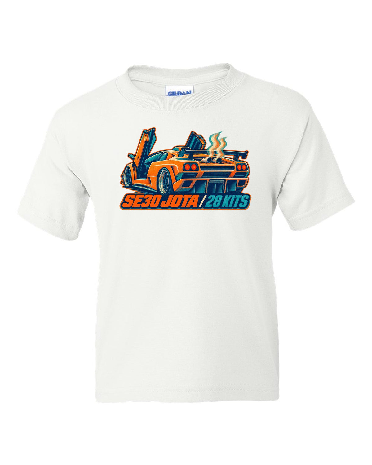Risograph spot-colour print of a 1995 Lamborghini Diablo SE30 Jota with 28 kits lettering white kids tee front view with the design