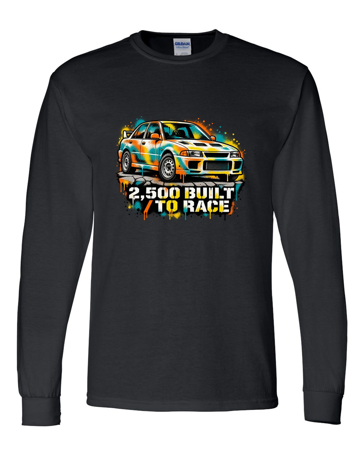 Spray-paint stencil of a Mitsubishi Lancer Evolution I CD9A with 2,500 built text black long sleeve front view with the design