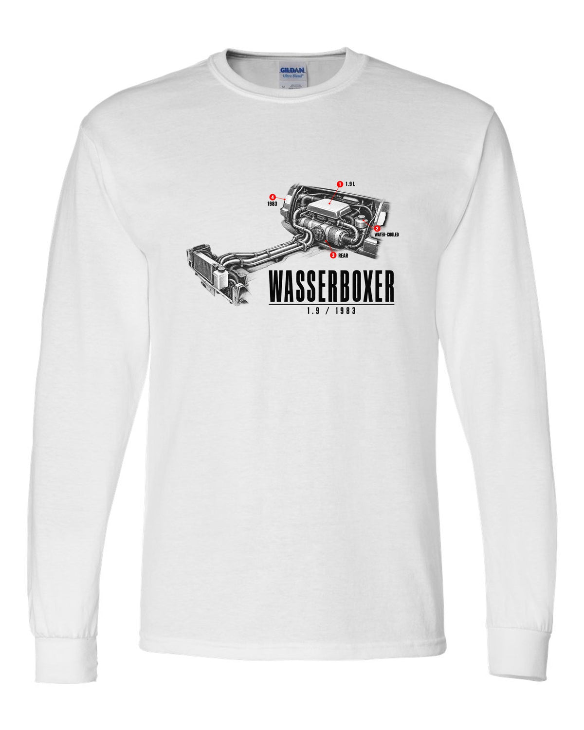 Engine hero print of the VW T3 Wasserboxer 1.9 water-cooled boxer engine with 1983 text white long sleeve front view with the design