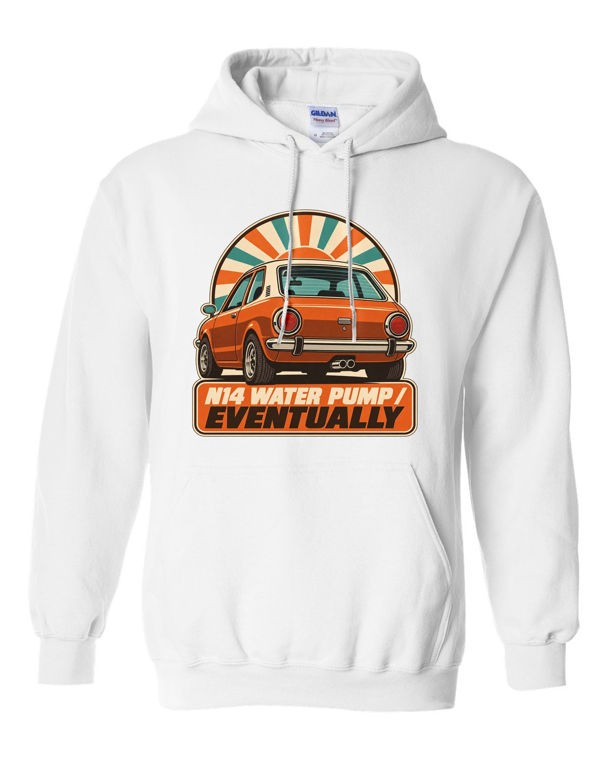 1970s catalogue-style ad of a Mini Cooper S R56 with N14 water pump text white pull over hoodie front view with the design