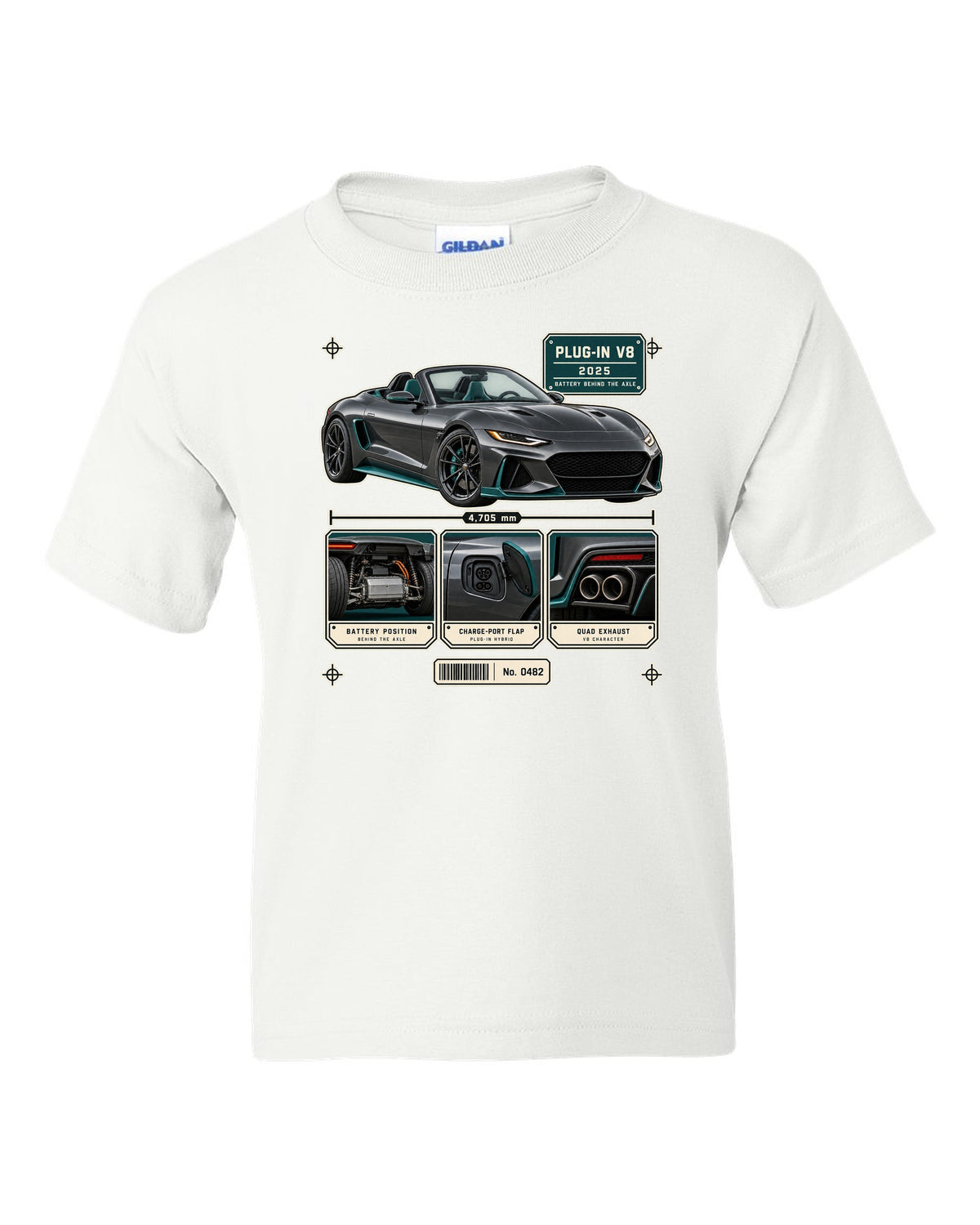 Mercedes-AMG SL63 S E Performance R232 dossier panel print in graphite and teal white kids tee front view with the design