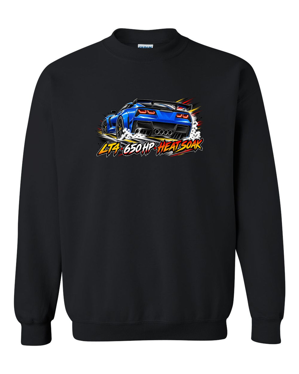 Retro manga halftone panel print of a 2016 Chevrolet Corvette C7 Z06 with LT4 650 HP heat soak lettering black crewneck front view with the design