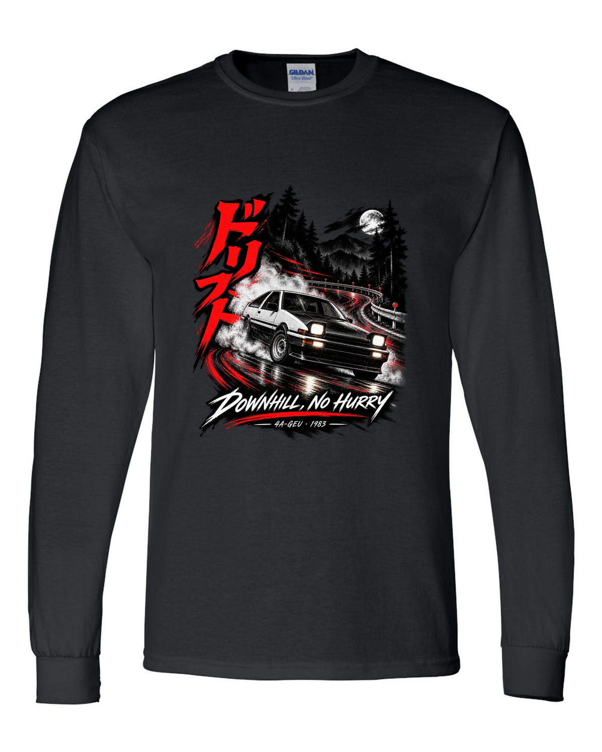 Touge night print of a Toyota Sprinter Trueno AE86 zenki with drift kanji and Downhill No Hurry text black long sleeve front view with the design
